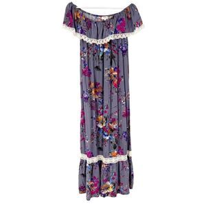 Umgee Women’s Small Floral Ruffle‎ Crochet Off Shoulder Long Maxi Dress Boho